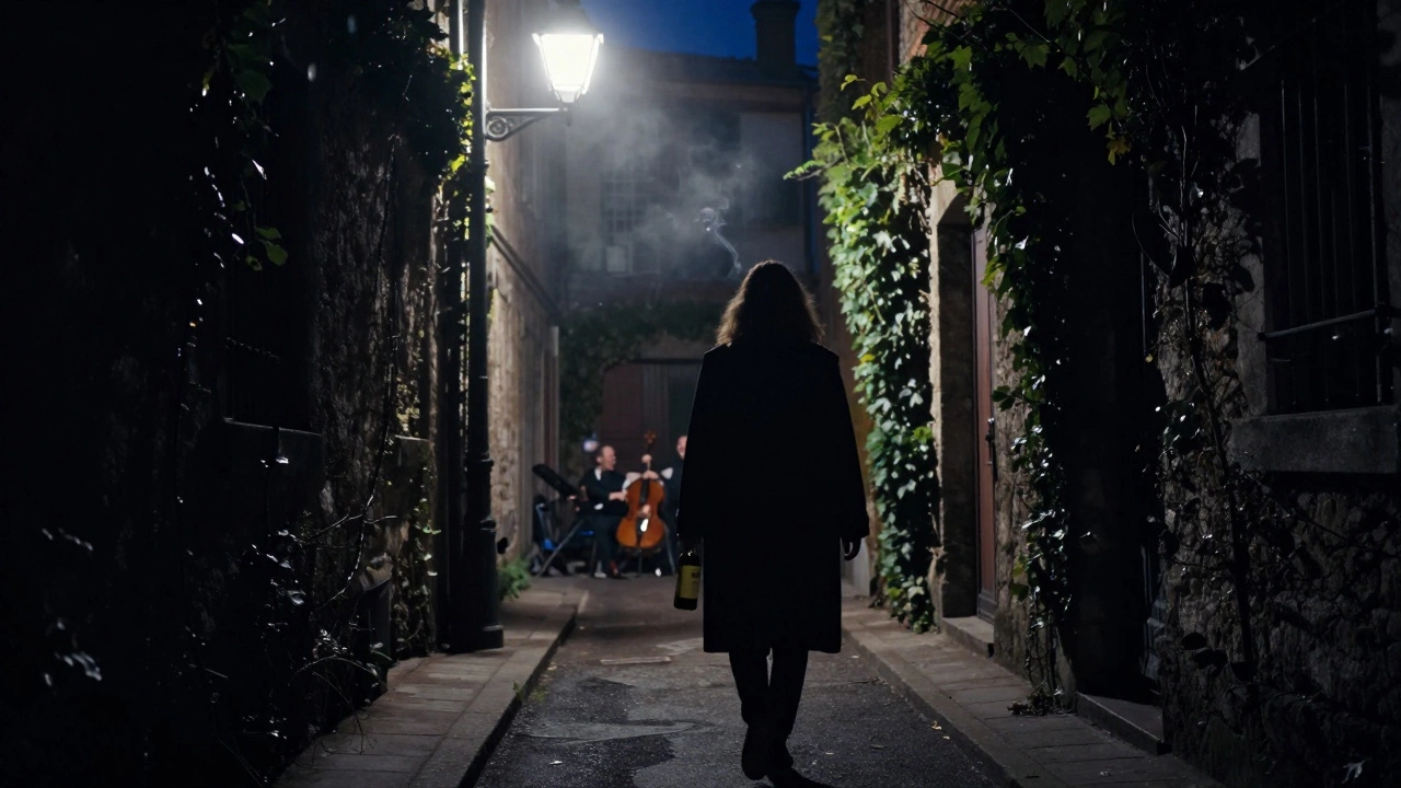 A brunette walking through a misty Marseille alley at night, holding wine under flickering streetlights.