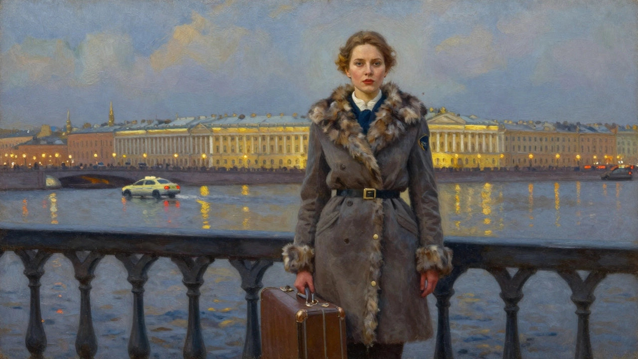 A confident Russian woman standing on a bridge in Saint Petersburg at twilight with suitcase.