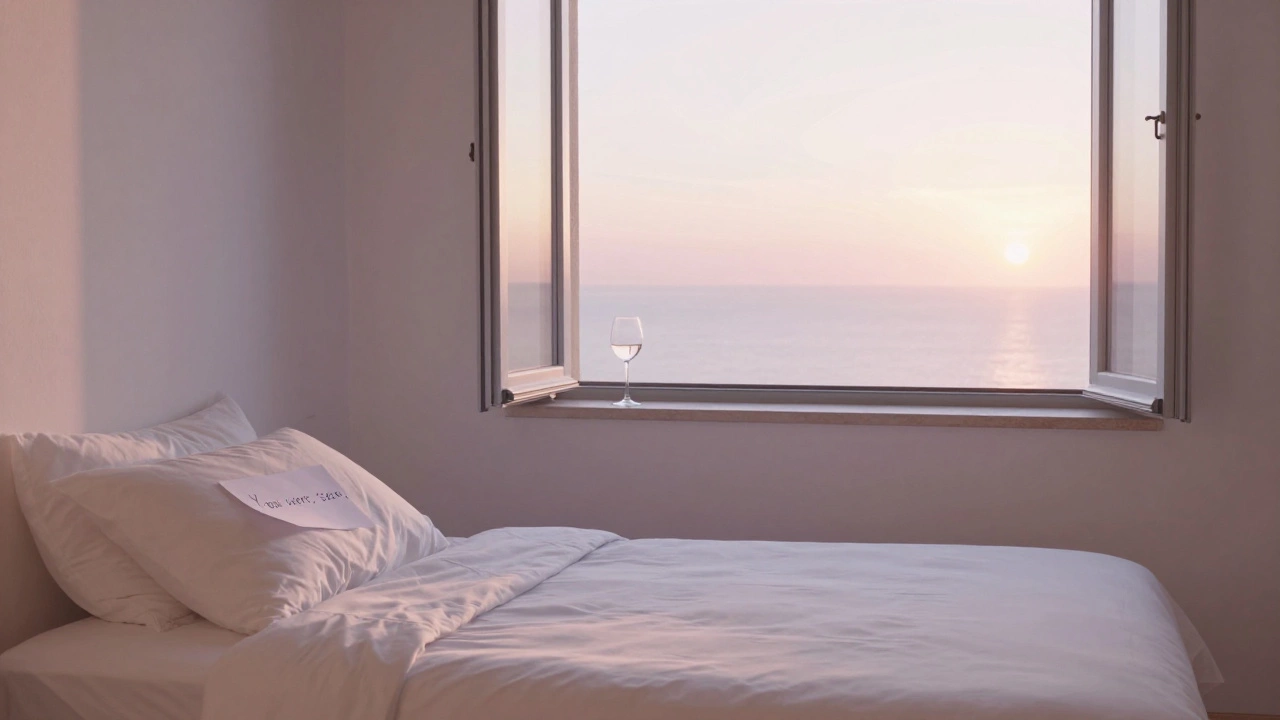 An empty villa near Cassis at sunrise, a half-full wine glass and a handwritten note on a bed.